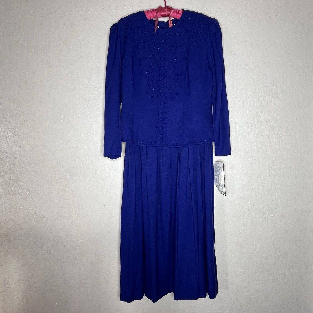 Vintage Karin Steven Royal Purple Beaded Buttons Dress Womens Size 10 M NWT